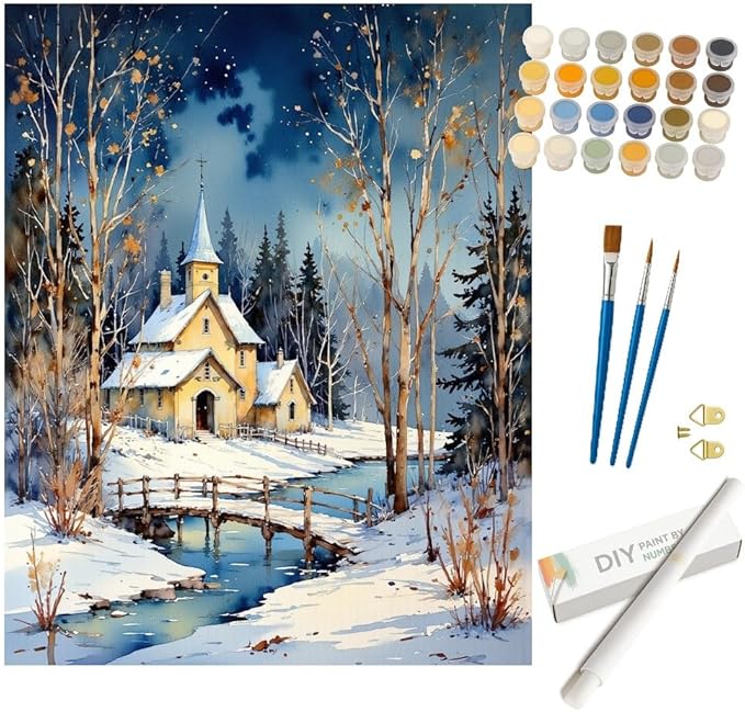 Winter Landscape Paint by Numbers Kit for Adults - DIY Snowy Church and Bridge Painting on Rolled Canvas 16x20In, Acrylic Paint Set, Suitable for Beginners, Art for Home Decoration or Gifts