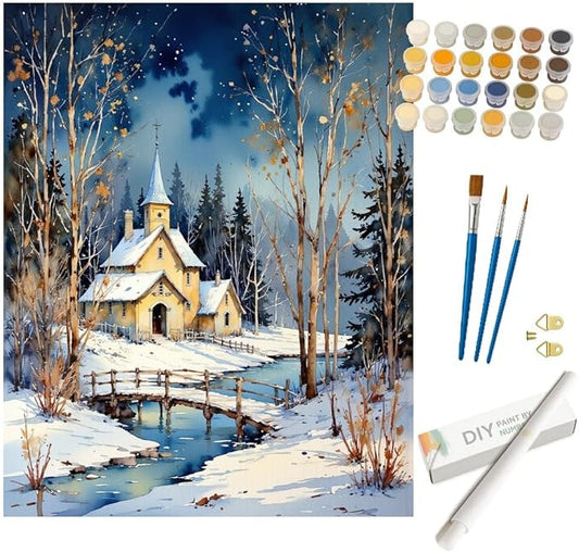Winter Landscape Paint by Numbers Kit for Adults - DIY Snowy Church and Bridge Painting on Rolled Canvas 16x20In, Acrylic Paint Set, Suitable for Beginners, Art for Home Decoration or Gifts