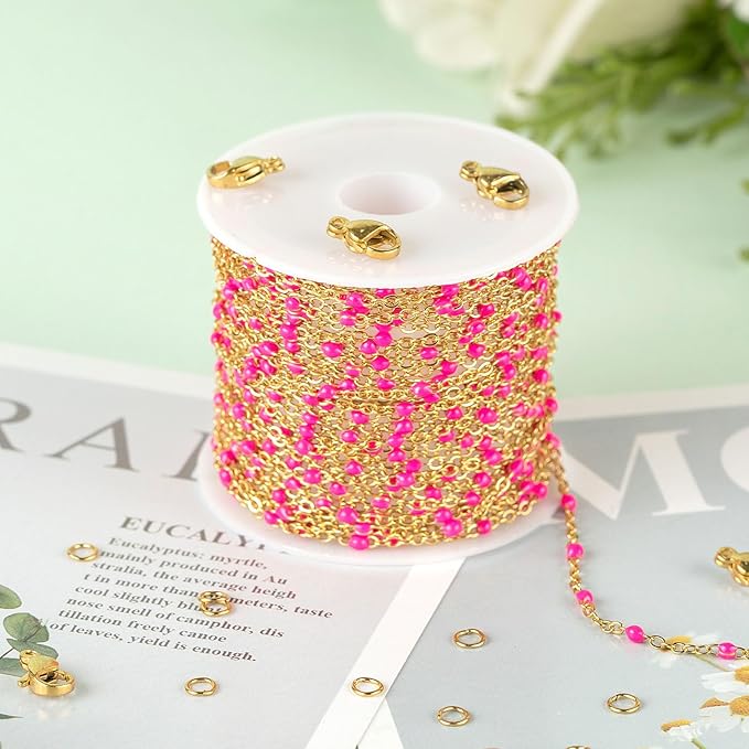 KYUNHOO 16.4 Feet/5M Rose Red Enamel Beaded Chain for Jewelry Making Gold Plated Stainless Steel Chain Spool Cross Cable Link Chains Bulk with Lobster Clasps and Jump Rings