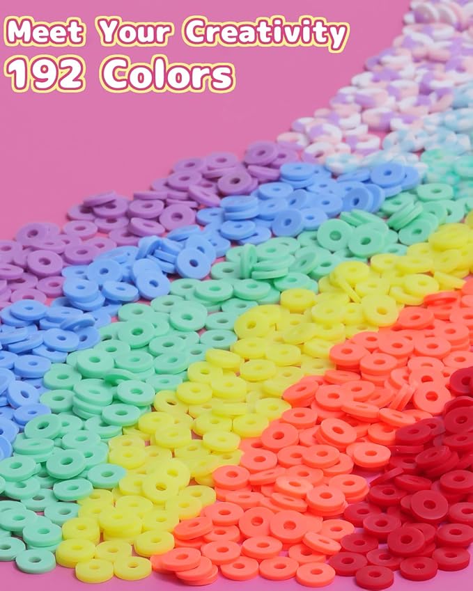 BestNow Clay Beads Bracelet Making Kit 192 Colors Flat Polymer Heishi Beads Set for Friendship Jewelry Making with Pendant Charms Crafts Gifts for Girls Ages 6 7 8 9 10 11 12 Kids Adults