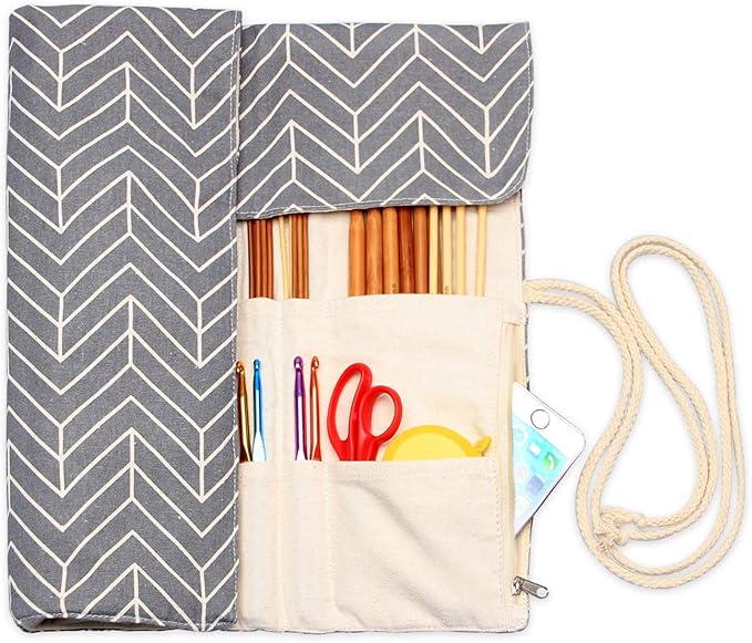 Teamoy Knitting Needles Holder Case(up to 14 Inches), Rolling Organizer for Straight and Circular Knitting Needles, Crochet Hooks and Accessories, Gray - NO Accessories Included
