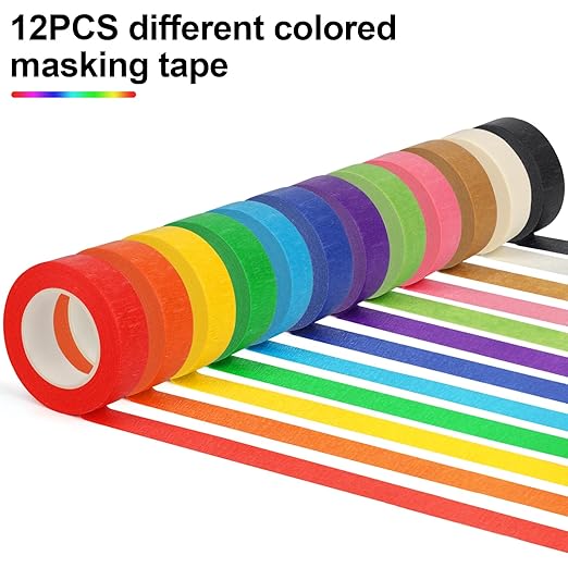 Guirnd 12PCS Colored Masking Tape, Arts & Crafts Supplies Colored Tape for Kids, Color Painters Tape Rolls 1.7cm x 18m (2/3In x 19.5Yards)