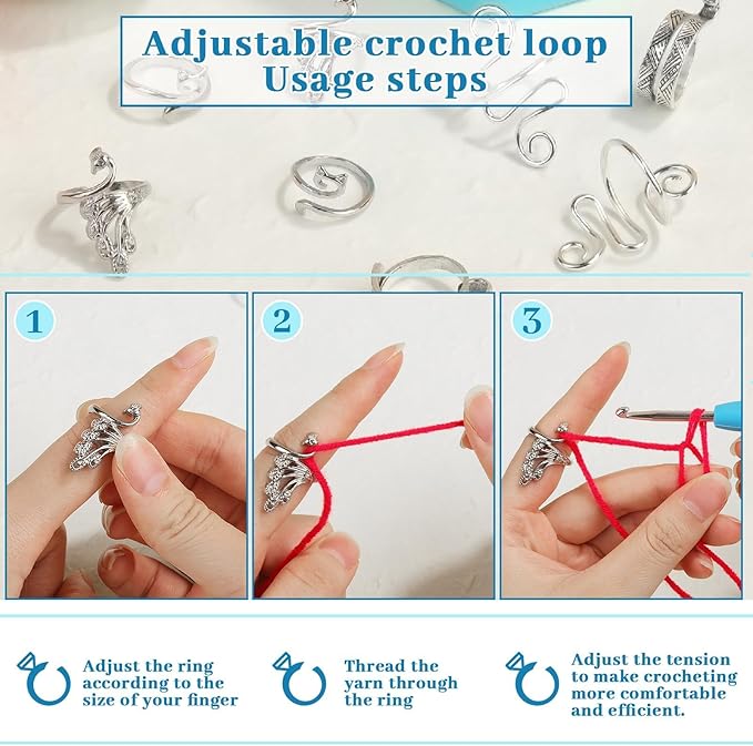 8 Pcs Crochet Ring, Adjustable Crochet Ring for Finger, Tension Rings Cat Yarn Guide Yarn Knitting Thimble, Faster Knitting Crocheting Accessories for Mother Grandma
