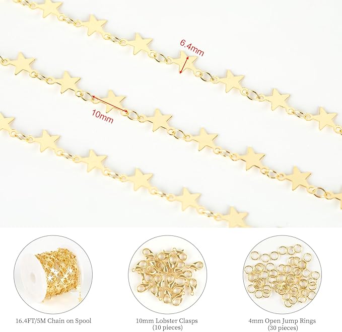 KYUNHOO 16.4 Feet Gold Chains for Jewelry Making Flat Star Link Chain for Necklace Ankle Brass Jewelry Chain Spool Gold Chain Bulk with Lobster Clasps and Jump Rings