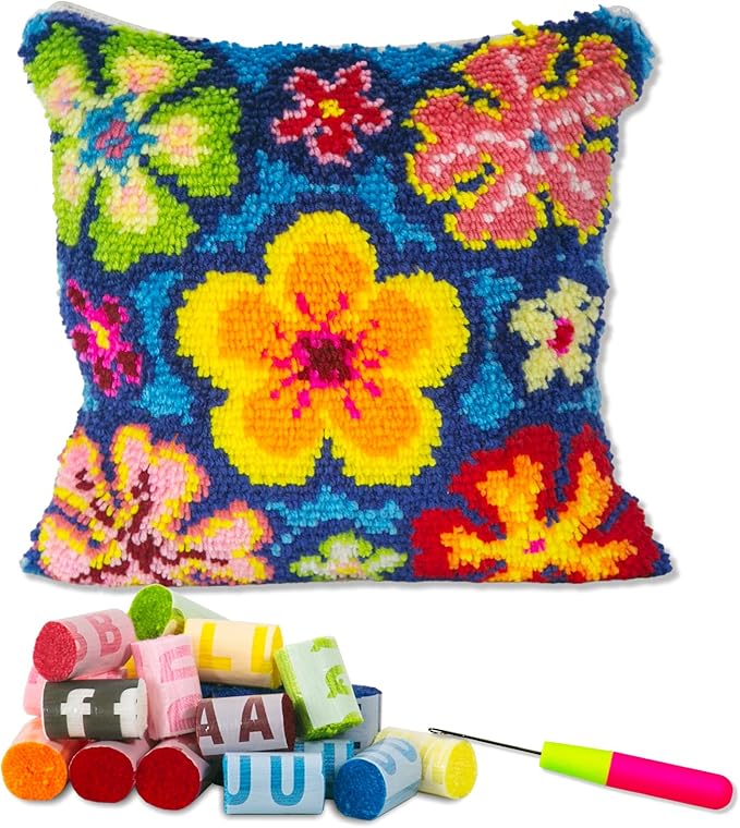 LAPATAIN Latch Hook Kits for DIY Throw Pillow Cover,Colorful Flowers Pattern Needlework Cushion Cover Hand Craft Crochet for Great Family 17x17inch