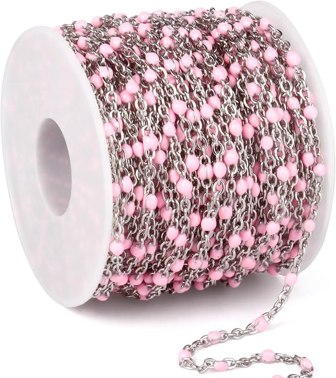 33 Feet Stainless Steel Enamel Chains Bulk, 2mm 304 Stainless Steel Pink Enamel Beaded Cable Link Chain Roll Spool for Jewelry Making