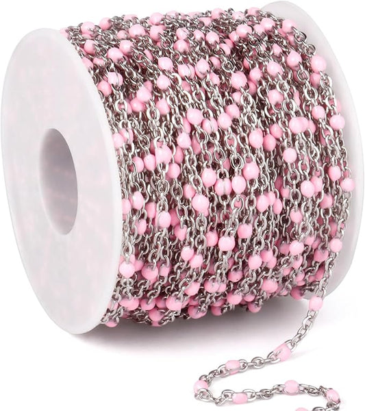 33 Feet Stainless Steel Enamel Chains Bulk, 2mm 304 Stainless Steel Pink Enamel Beaded Cable Link Chain Roll Spool for Jewelry Making