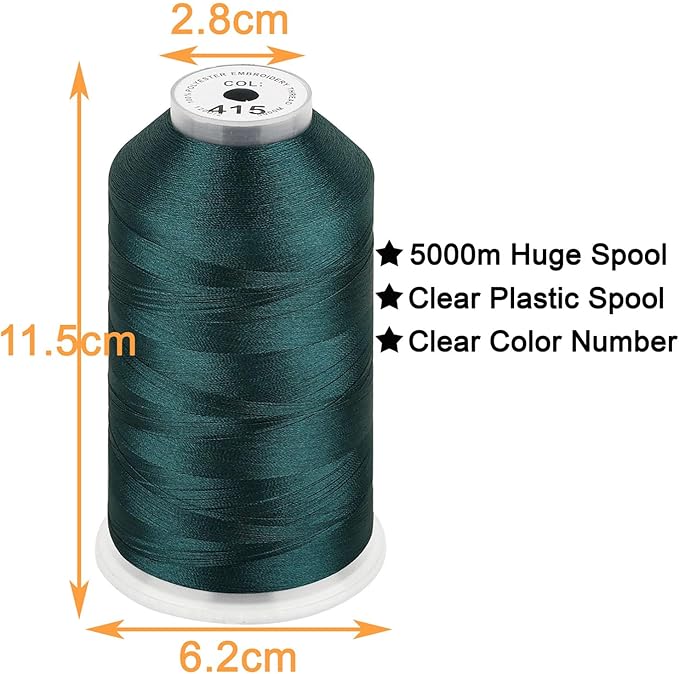 New brothread - Single Huge Spool 5000M Each Polyester Embroidery Machine Thread 40WT for Commercial and Domestic Machines - Peacock Blue