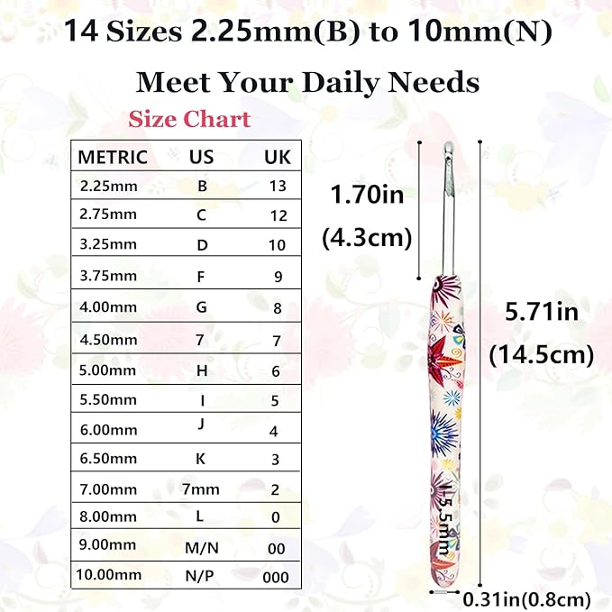 14 Sizes Crochet Hooks Set,2.25mm(B)-10mm(N) Ergonomic Handle Crochet Hook for Arthritic Hands,Long Crochet Needles Set with Case for Beginners and Enthusiasts