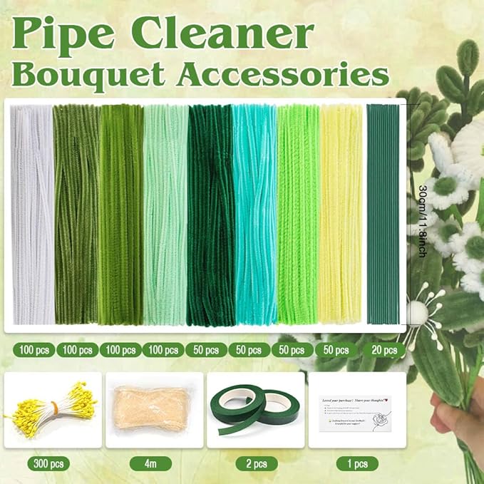 985-Piece Jumbo Size Premium Muti-Color Pipe Cleaner Craft Kit with Floral Supplies - Chenille Stems, Flower Wires, Stamens & Video Tutorial for Wedding Decorations (Green White Set, Jumbo Craft Set)