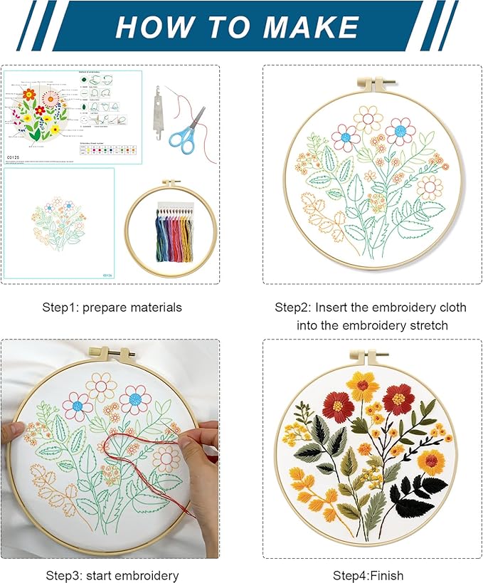 Zhenqing Floral Embroidery Kit for Beginners - Complete Set with Pre-Printed 29x29cm Cotton Fabric, Hoop, Threads & Tools (C0126)