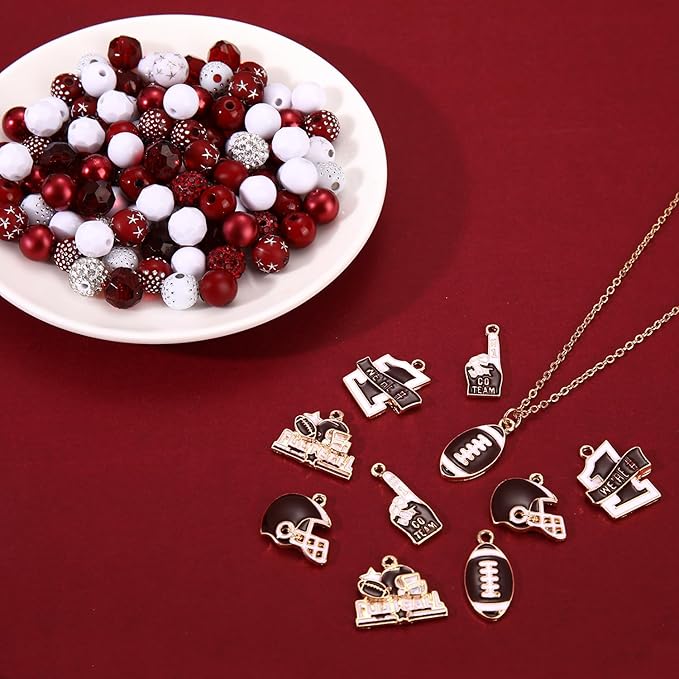 HSWE Game Day Beads for Bracelets Making Kit Heishi Clay Pearl Letter Assorted Round Bead Gold Spacer Beads Football Charms for DIY Bracelets Necklace Jewelry Making (Burgundy White Beads25)