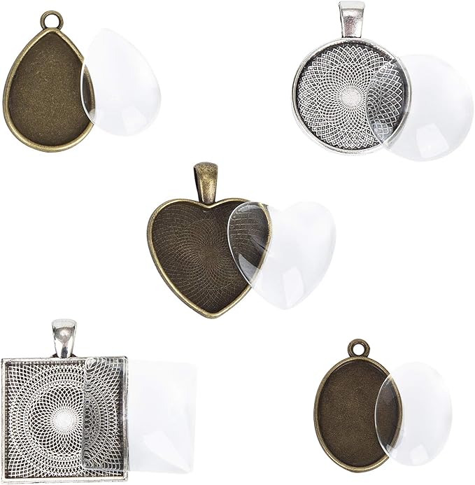 60 Pieces 5 Styles Pendant Trays 30pcs Round & Square & Heart & Teardrop & Oval and 30pcs Bright Glass Cabochon Dome Tiles for Crafting DIY Jewelry Gift Making