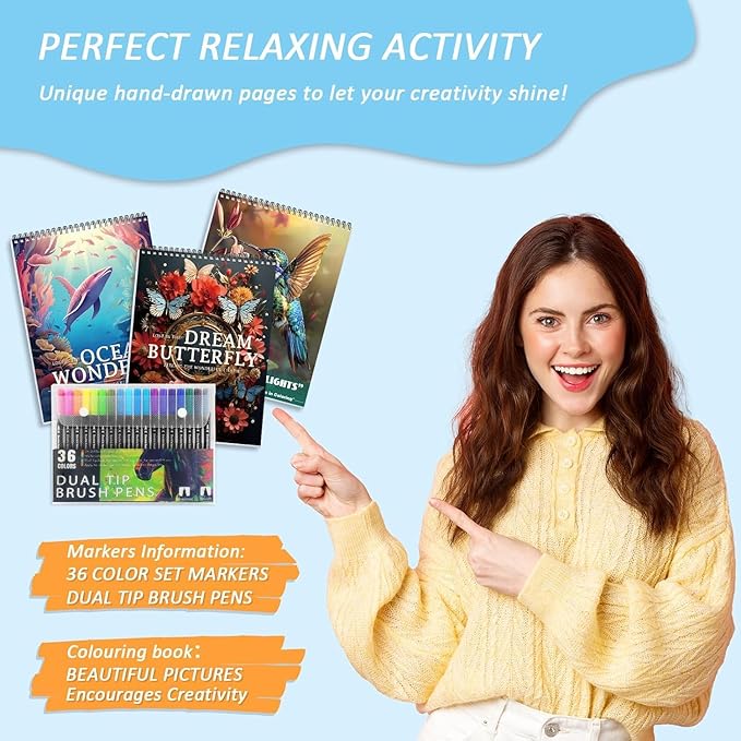 3Pcs Adult Coloring Book for Women Relaxation, 36 Colors Markers with Spiral Bound Adult Coloring Book for Women, 36 Dual Tip Colors Markers, Anxiety Relief Mindfulness Gifts(Ocean & Bird & Butterfly)