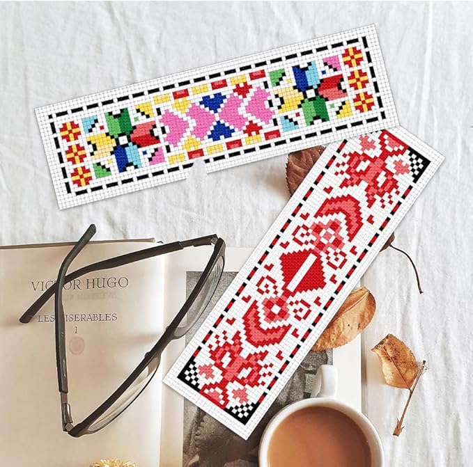 BEUNITONE Cross Stitch Bookmark Kits 6 Pcs Traditional Decorative Patterns Counted Cross Stitch Kit Hand Stamped Embroidery Kit for Beginners Floral Fabric Bookmark Making Kit DIY 8''x2.4''