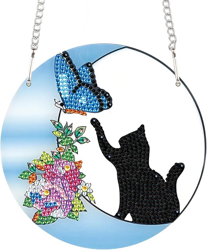 AiYuanzsh Diamond Painting Hanging Pendant Kit for Adults, Crystal Rhinestone Cat & Butterfly Diamond Art Suncatcher Ornament for Door, Wall, Window, Home Decor