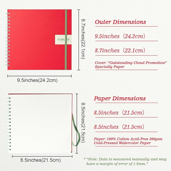 CuppaClip Watercolor Paper 9"x8.5" 300GSM 140LB Spiral Bound Cotton Water Color Pad Cold Press Inner Pocket Art Supplies (Red)