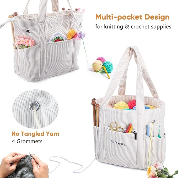 Crochet Bag and Tote - Corduroy Yarn Bag - Yarn Holder and Storage for Crochet Hooks, Knitting Accessories - Mother's Day Gift