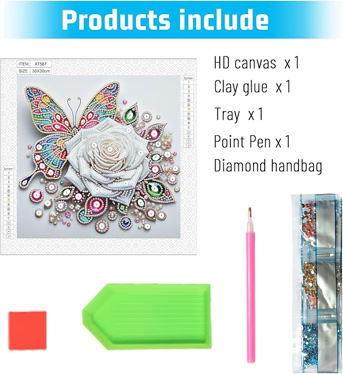 5D Special Shape Diamond Art Kits for Beginners, Diamond Painting Kits for Adults, Crystal Rhinestones Diamond Painting for Home Wall Decoration Gift 12×12 inch/30×30 cm, Butterfly and White Rose