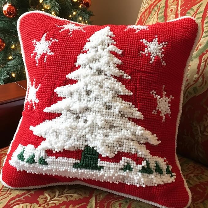 Merry Christmas White Snow Tree Latch Hook Kits Red Pillow Crochet Yarn Rug Pre-Printed Cushion Needlework Pillowcase Hook and Latch Kit Christmas Home Sofa Decoration 43x43cm(4)