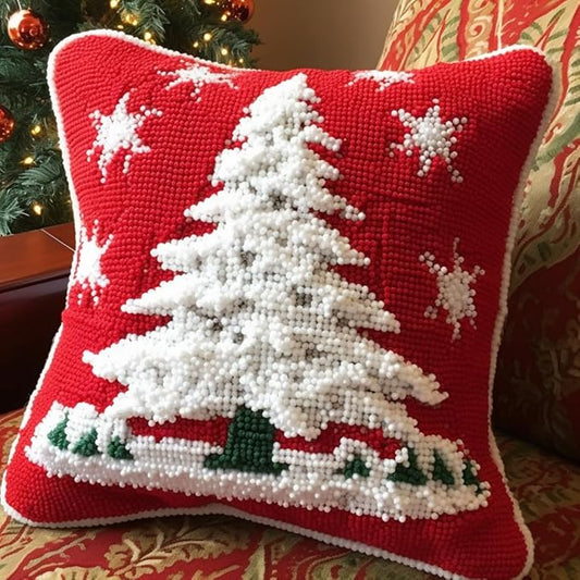 Merry Christmas White Snow Tree Latch Hook Kits Red Pillow Crochet Yarn Rug Pre-Printed Cushion Needlework Pillowcase Hook and Latch Kit Christmas Home Sofa Decoration 43x43cm(4)