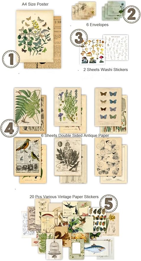 DESEACO Vintage Aesthetic Posters for Wall Decor, Green Botanical Art for Teen Girls’ Rooms, Cute Plant Journaling Supplies and Nature-Inspired Collage Kit