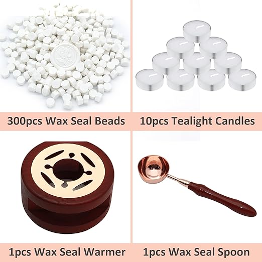 Wax Seal Beads Kit - 300pcs Ivory White Sealing Wax Beads with Wood Melting Warmer, Spoon & 10 Mini Candles for Stamp Seals, Wedding Invitation, Envelope, Cards, Gift Wrapping Decorations