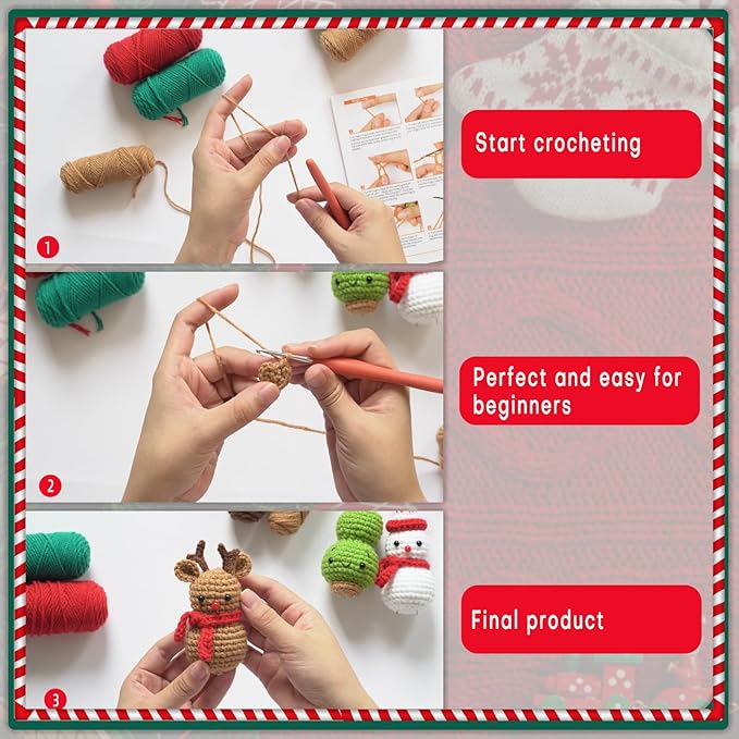 4-in-1 Christmas Crochet Kit | Make Snowman, Santa, Reindeer & Tree | DIY Holiday Ornaments & Festive Decor | Beginner Friendly Gift Set with Video Tutorial