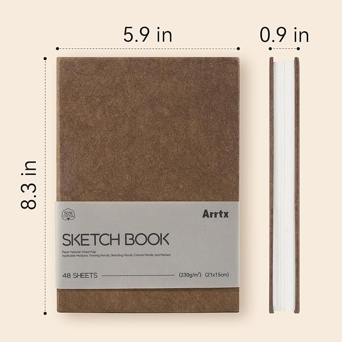 Arrtx Premium A5 Sketchbook, 96 Pages 230 GSM 50% Cotton Acid-Free Paper | Hardcover Art Sketch Book | 8.3 x 5.9 Inch Thick Drawing Pad for Watercolor, Ink, Pencil