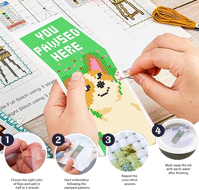 ORIGACH 6 Set Cute Dog & Book Cross Stitch Bookmark Kit for Beginner with Backing Felt Floss Instructions DIY Stamped Embroidery Bookmark Kit for Adults, Book Lovers