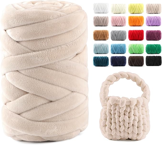 Chunky Yarn for Hand Knitting & Arm Knitting - 0.66lb Super Bulky Velvet Chenille Tube Yarn for DIY Pillows, Pet Beds, Baskets & Home Decor | No Tools Needed, Machine Washable, Beige, 1 Pack