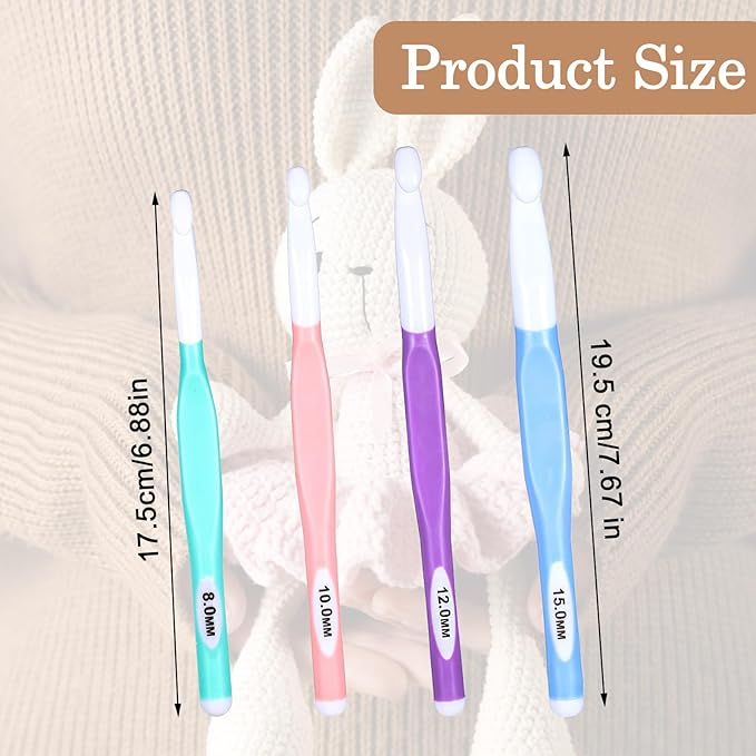 Ptwola 4 Pcs Large Size Crochet Hooks 8mm 10mm 12mm 15mm Rubber Handle Crochet Needles Set Plastic Chunky Yarn Weaving Knitting Ergonomic Hook Tool for Blankets Shawl Carpet DIY Craft Scarf