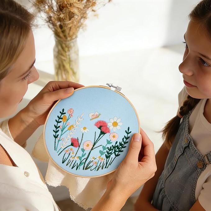 Flower Embroidery Kits for Beginners Adults, Hand DIY Embroidery Art Kits, Floral Stamped Cross Stitch Kits for Beginner Adults Craft Kits for Women, Entire Set of Embroidery Supplies & Video Tutorial