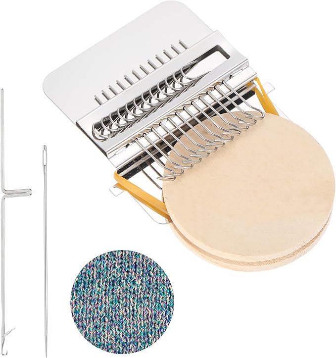 MECCANIXITY Mini Darning Loom, 12 Hooks Wood Weaving Knitting Machine with Knitting Needles for Repair Jeans Socks DIY Craft, Knit Patch Loom Weave Tool, Silver