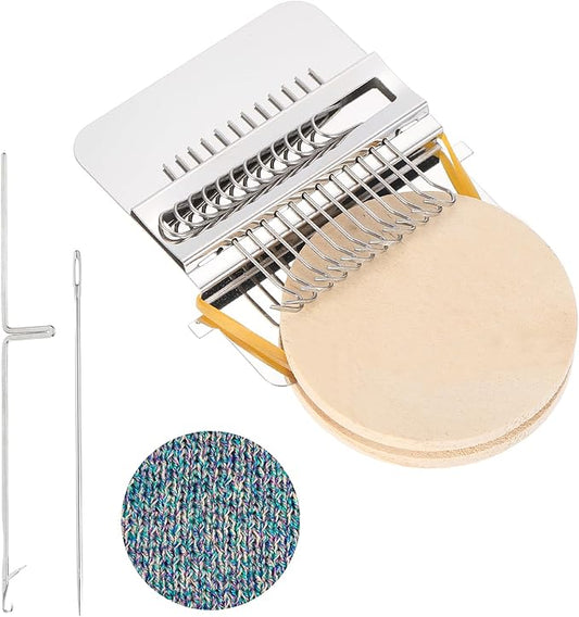 MECCANIXITY Mini Darning Loom, 12 Hooks Wood Weaving Knitting Machine with Knitting Needles for Repair Jeans Socks DIY Craft, Knit Patch Loom Weave Tool, Silver