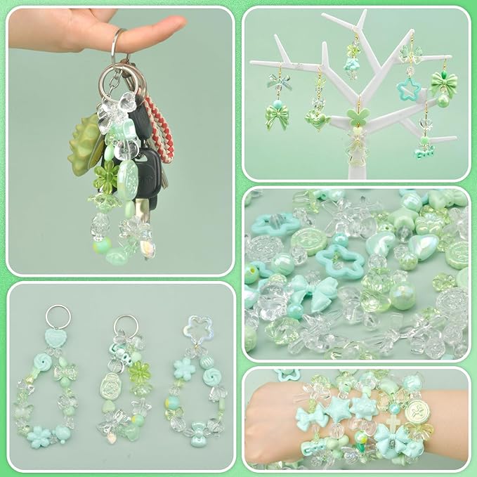 ABONDEVER 245-300Pcs Assorted Acrylic Beads for Bracelets Making Cute Star Bow Flower Candy Heart Gummy Bear Butterfly Beads for DIY Jewelry Crafts Keychain Necklace Phone Charms(Green)
