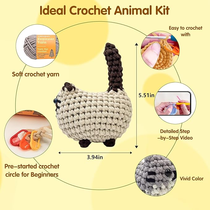 Zepiany Crochet Kit for Beginners, Crochet Cat Beginner Crochet Kit for Adults, Amigurumi Crochet Animals Cat Crafts Crochet Kits, Easy Knitting Kit Galentines Day Gifts