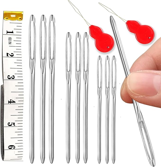 9 Pcs/3 Sizes Large-Eye Blunt Needles, Double Flexible Tape Measure, Steel Yarn Needle with Needle Threader, Tapestry Needle for Sewing Crochet Knitting Embroidery(Silver 2.08in/2.36in/2.76in)