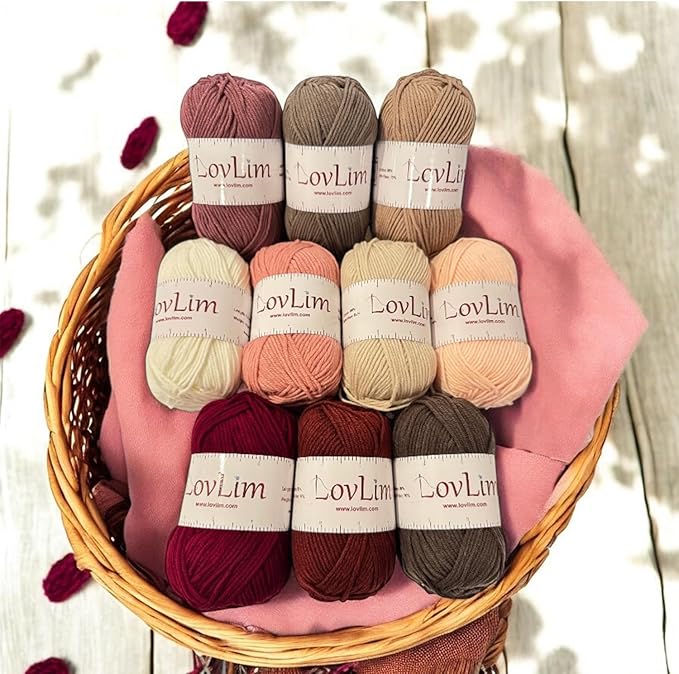 Crochet Yarn, 10x50g Soft Cotton Yarn Skeins, 1200+ Yards, for Crochet and Knitting, Free Crochet/Amigurumi Patterns, Craft DK Yarn Perfect Starter Kit (Pinkish_Brown)
