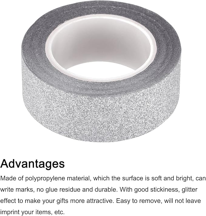 MECCANIXITY 0.6inch x 32.8ft Glitter Tape, Decorative Craft Tape Self Adhesive Stick 1.5cmx10m Silver Tone for Scrapbook, DIY Arts, Gift Wrapping Pack of 3