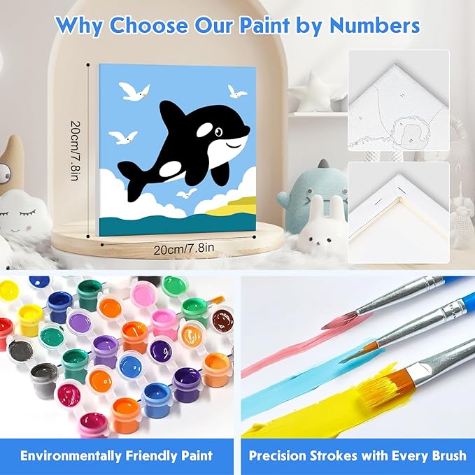 4 Pack Paint by Number for Kids with Wooden Frame, Cartoon Owl, Whale Paint by Numbers for Kids Ages 8-12, Baby Dinosaur, Monkey, DIY Acrylic Oil Painting for Beginners for Home Wall Decor 8X8 inch