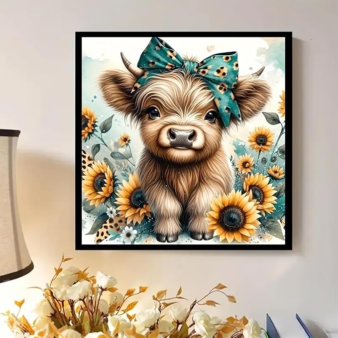 BYGFHLYW Diamond Art Painting Kits for Adults, Cow 5D Diamond Painting Dots Art Kits for Adults Beginner, DIY Highland Cow Full Round Gem Crystal Art Paint by Diamond, Home Wall Decor 12 x 12 in