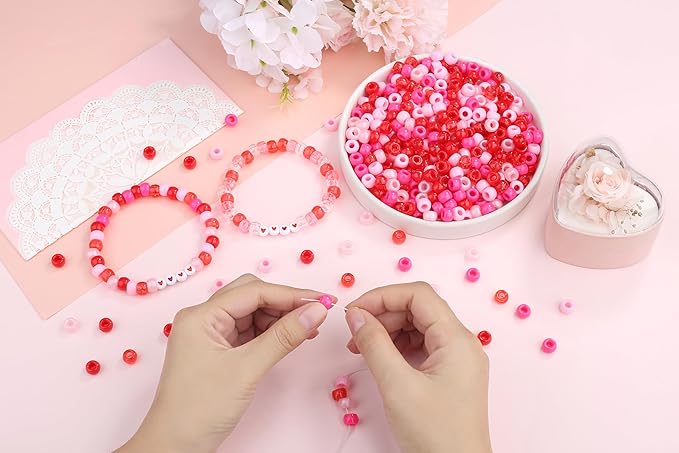 1000 Pcs Valentine’s Day Beads Bulk 6MM Red Pink Pony Beads Bulk for Crafts Hair Bracelets Plastic Red Pink Pony Bead for DIY Jewelry Party Gift Supplies