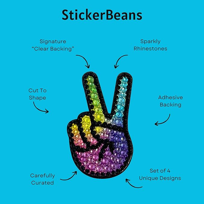 stickerbeans® rhinestone stickers – 1st edition collection 12-pack, 2” x 2” unique sparkly cut-to-shape for collecting, trading, decorating laptops, phone cases, scrapbooks, for kids & teens