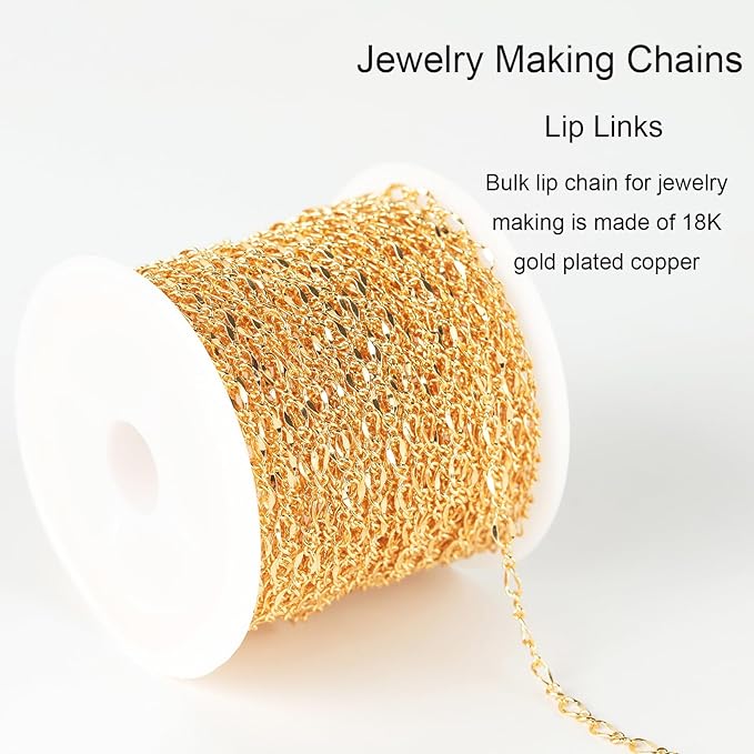 Jabogrii 32.8 Feet Lip Jewelry Making Chains Bulk 18K Gold Plated Brass Chain for Jewelry Making DIY Craft Chain Roll