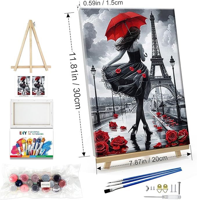 JOOZ Paint by Numbers Kit for Adults Eiffel Tower Paint by Numbers Kit with Frame DIY Girl Paint by Number with Easel Flowers Paint by Number Kits on Canvas for Gift Home Wall Decor 7.87x11.81 Inch