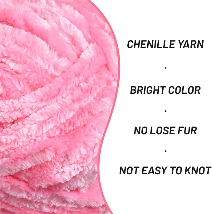 Fuzzy Chunky Chenille Yarn for Crocheting，Soft Plush Yarns for Hand Knitting，Bulky 3x100 g（3x49.2 yd） Baby Blanket Yarn for Crocheting Amigurumi，Crochet Fluffy Velvet Yarns(Pink)