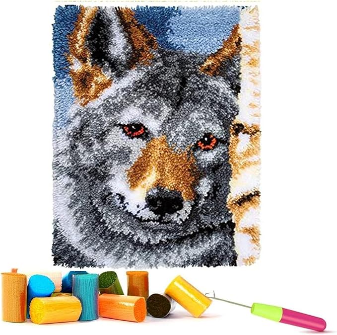 EMISTEM Latch Hook Kits for Adults - DIY Latch Hook Rug Kits, Crochet Kit for Beginners, Rug Making Kits with Printed Canvas, Gift Packaging. (Grey Wolf,15x21)