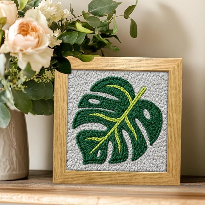 INFUNLY Green Leaf Punch Needle Kits for Beginners Monstera Delicious DIY Punch Needle Embroidery Kit with Instruction Plant Leaf Stamped Handcraft Rug Yarn Hooking Kit for Craft Lovers Home Decor