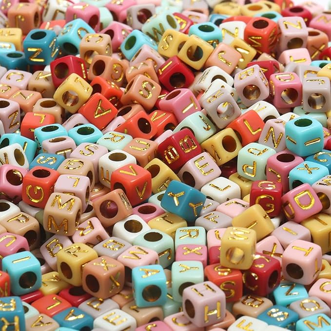 Yochus 900pcs Bulk Colorful Square Acrylic Alphabet Letter Beads 6x6mm Gold Letter A-Z Beads for Jewelry Making and DIY Bracelets, Necklaces, Key Chains